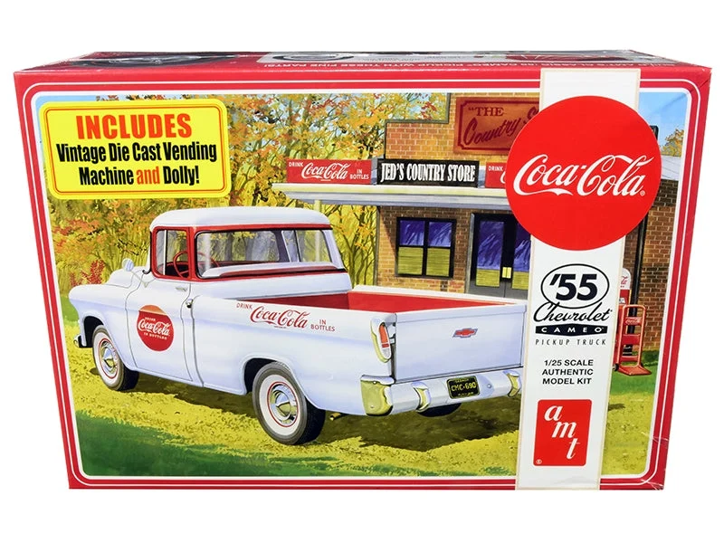 Skill 3 Model Kit 1955 Chevrolet Cameo Pickup Truck with Vintage Vending Machine and Dolly 1/25 Scale Model by AMT