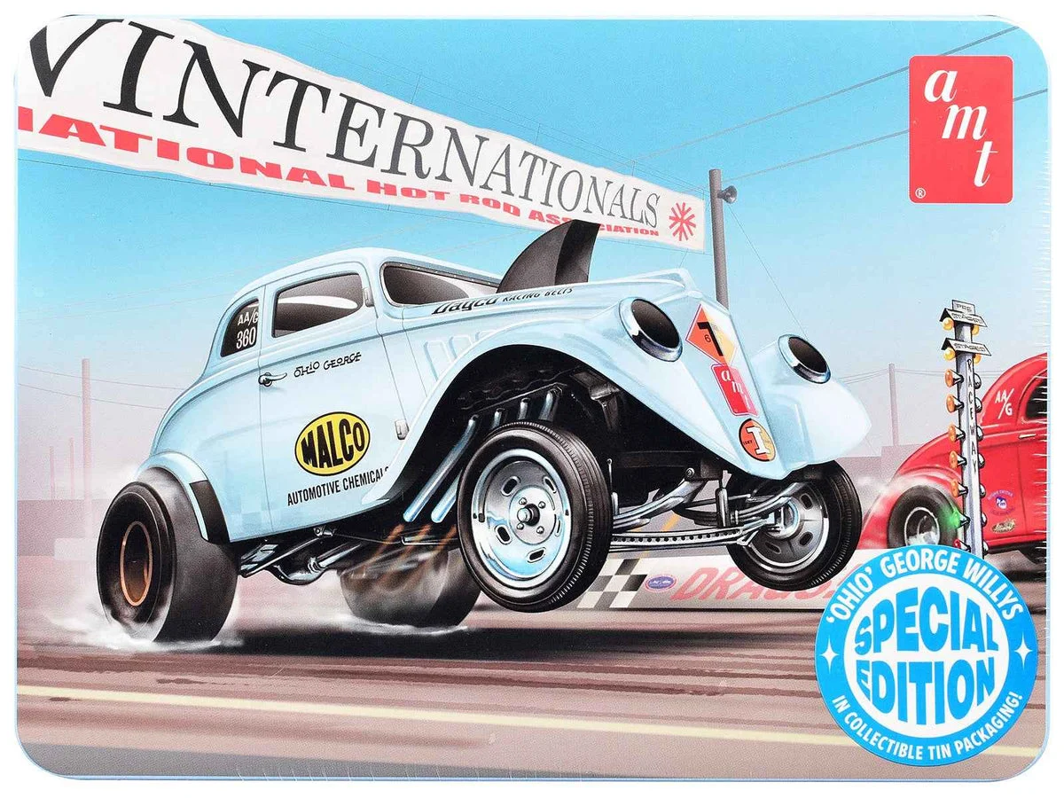 Skill 2 Model Kit 1933 Willys Gasser "Ohio George" with Collectible Tin Packaging 1/25 Scale Model by AMT