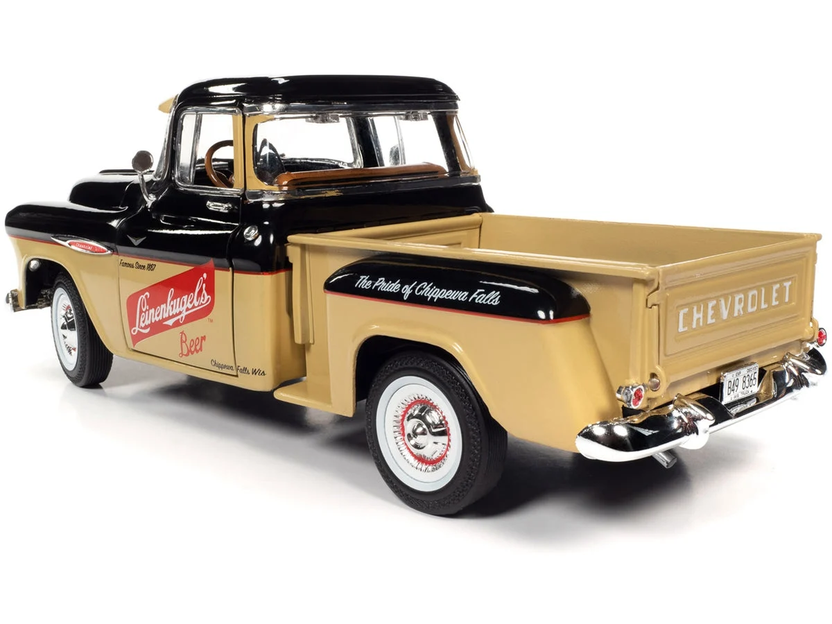 1957 Chevrolet 3100 Stepside Pickup Truck Black and Tan with Graphics "Leinenkugle's Beer The Pride of Chippewa Falls" 1/18 Diecast Model by Auto World - Autoworld