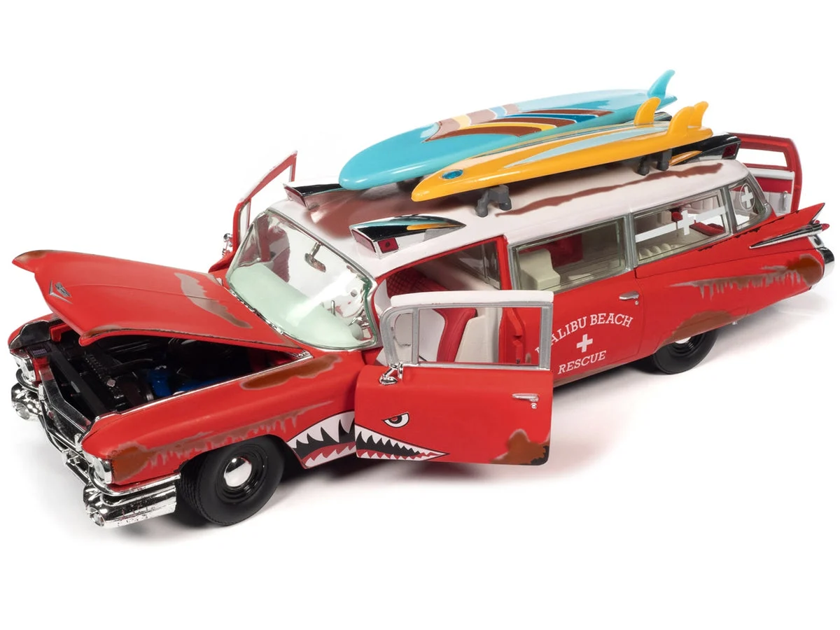 1959 Cadillac Eldorado Ambulance Red with White Top "Malibu Beach Rescue" (Weathered) with Surfboards on Roof "Surf Shark" 1/18 Diecast Model Car by Auto World - Autoworld