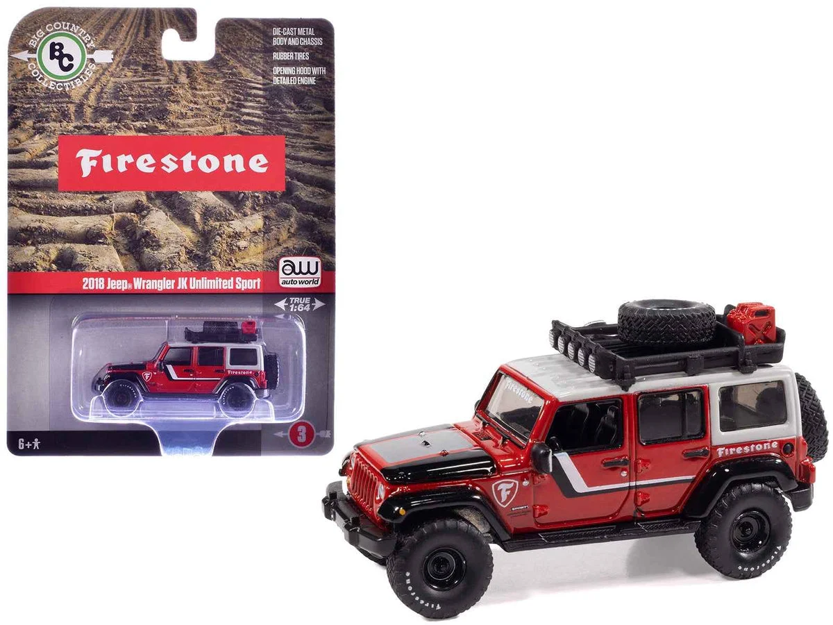 2018 Jeep Wrangler JK Unlimited Sport "Firestone Field Agent" Red with Graphics and Gray Top with Roof Rack "Big Country Collectibles" 2025 Series 1/64 Diecast Model Car by Auto World - Autoworld