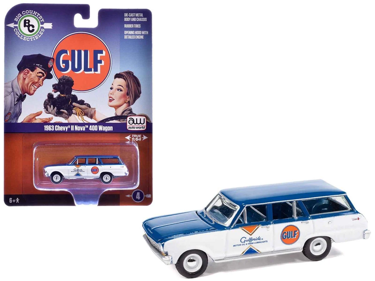 1963 Chevrolet II Nova 400 Wagon "Gulf" Blue and White with Blue Interior "Big Country Collectibles" 2025 Series 1/64 Diecast Model Car by Auto World - Autoworld