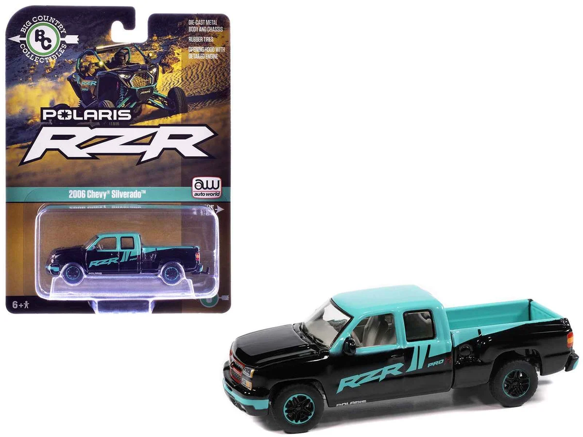2006 Chevrolet Silverado Pickup Truck "Polaris RZR" Black and Blue "Big Country Collectibles" 2025 Series 1/64 Diecast Model Car by Auto World - Autoworld