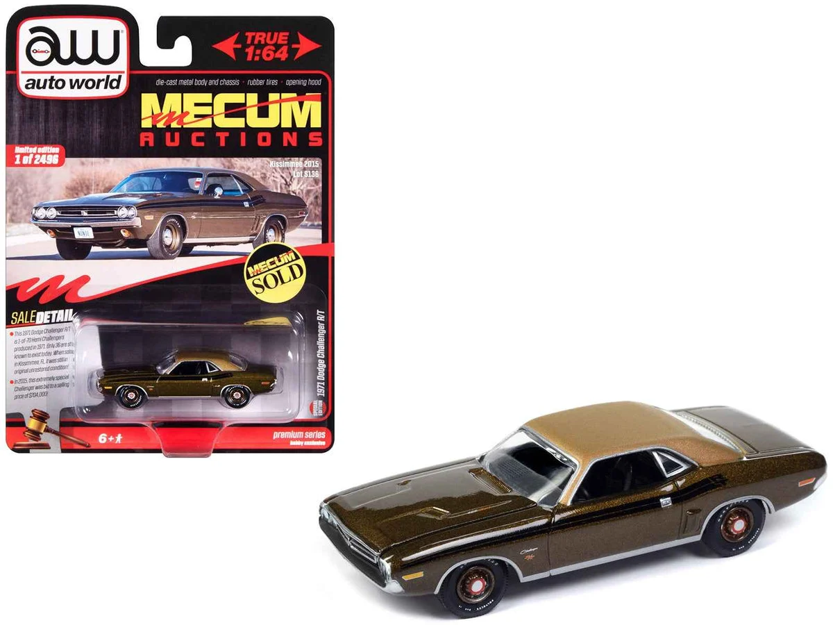 1971 Dodge Challenger R/T Dark Gold Metallic with Gold Vinyl Roof "Mecum Auctions" Limited Edition to 2496 pieces Worldwide "Premium" Series 1/64 Diecast Model Car by Auto World - Autoworld