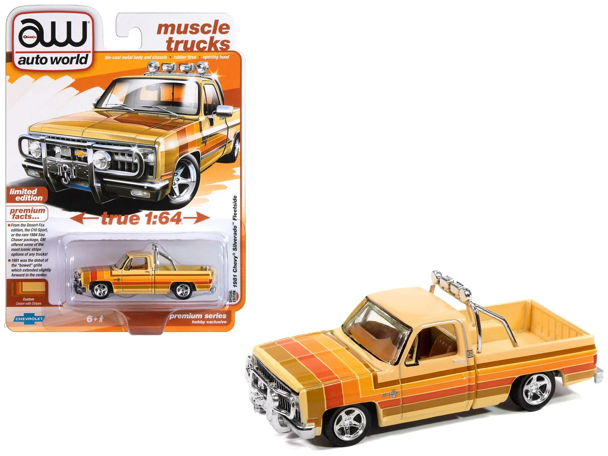 1981 Chevrolet Silverado Fleetside Pickup Truck Cream with Stripes "Hobby Exclusive" Series 1/64 Diecast Model Car by Auto World - Autoworld