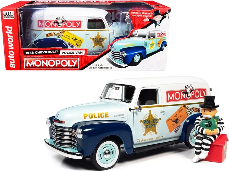 1948 Chevrolet Panel Police Van with Mr. Monopoly Figurine "Monopoly" 1/18 Diecast Model Car by Auto World - Autoworld
