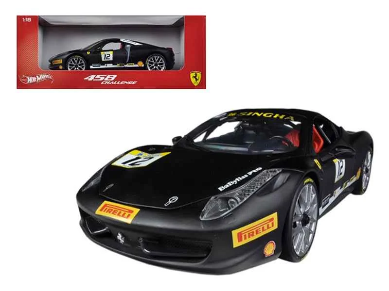 Ferrari 458 Challenge Matt Black #12 1/18 Diecast Car Model by Hot Wheels - Hotwheels