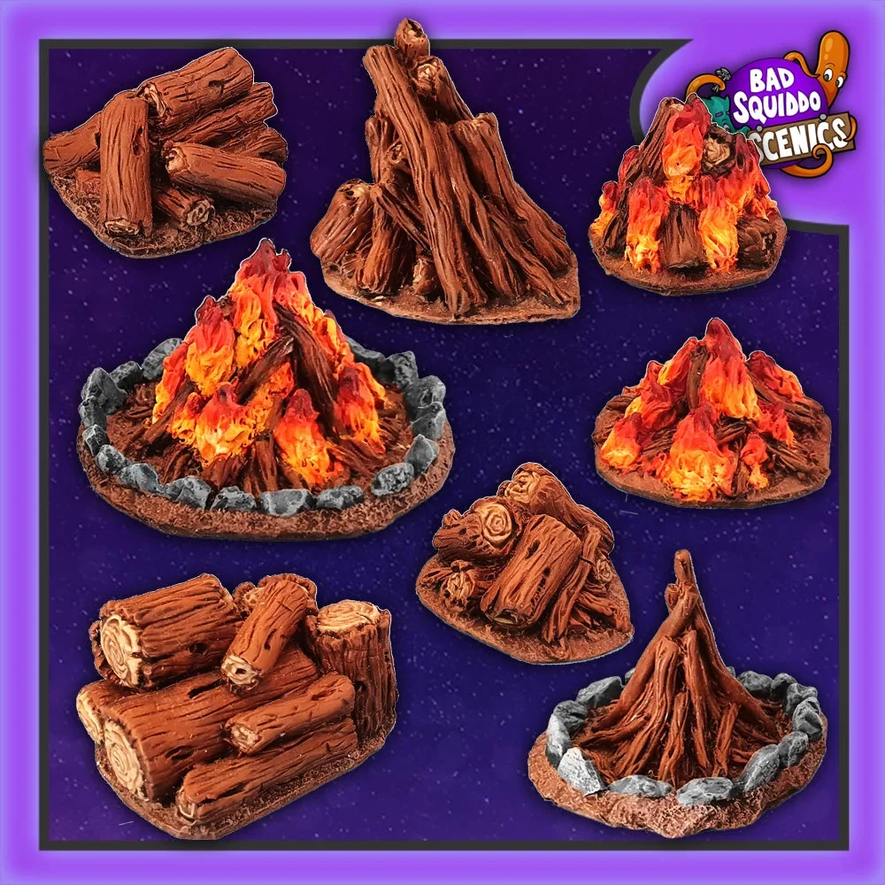 Bonfires & Log Piles (8) 28 mm Scale Models - Bad Squiddo Games