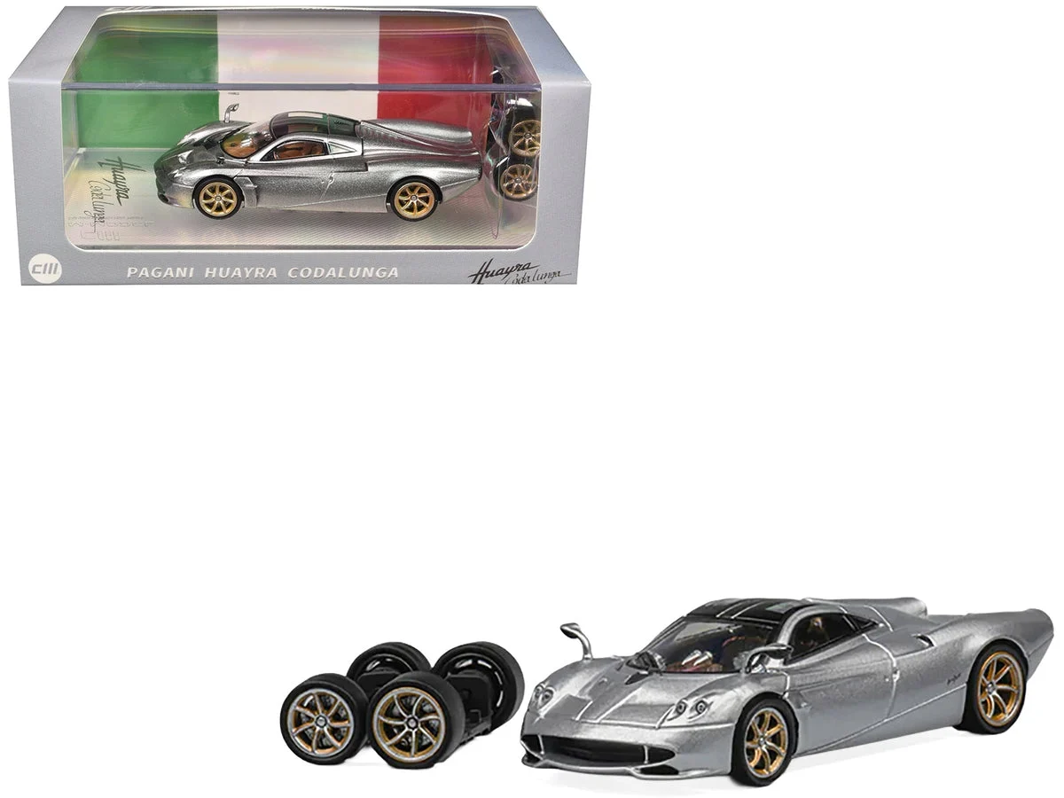 Pagani Huayra Codalunga Silver Metallic with Sunroof and Extra Wheels 1/64 Diecast Model Car by CM Model - CM Models
