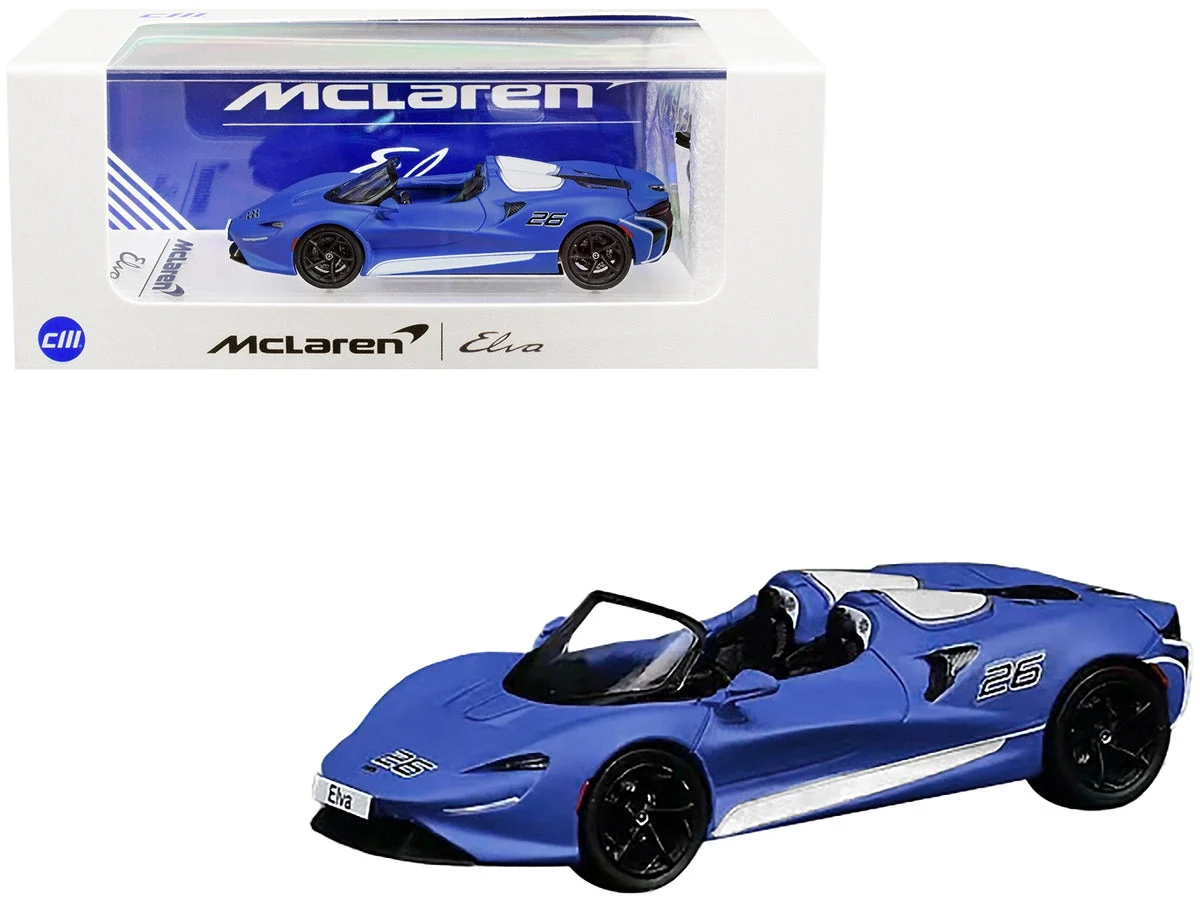 McLaren Elva Convertible #26 Matt Blue with White Stripes and Extra Wheels 1/64 Diecast Model Car by CM Model - CM Models