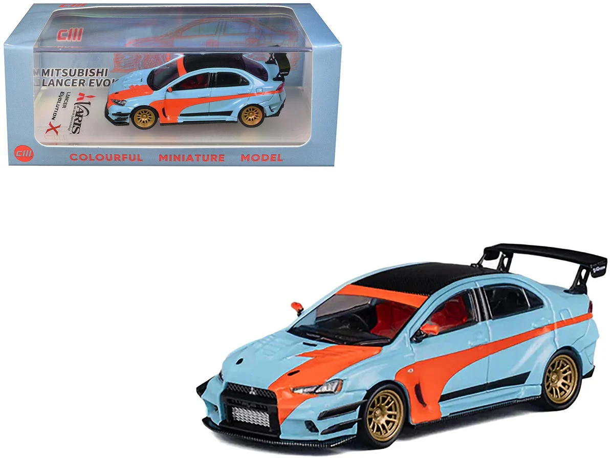Mitsubishi Lancer Evolution X Varis RHD (Right Hand Drive) Light Blue with Black Top and Orange Stripes 1/64 Diecast Model Car by CM Model - CM Models