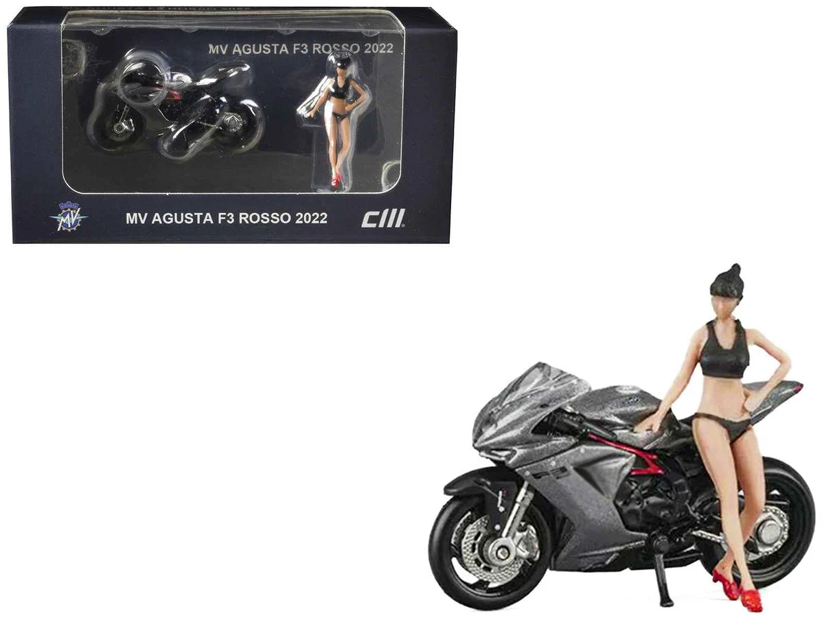 2022 MV Agusta F3 Rosso Motorcycle Silver Metallic with Figure 1/64 Diecast Model by CM Model - CM Models