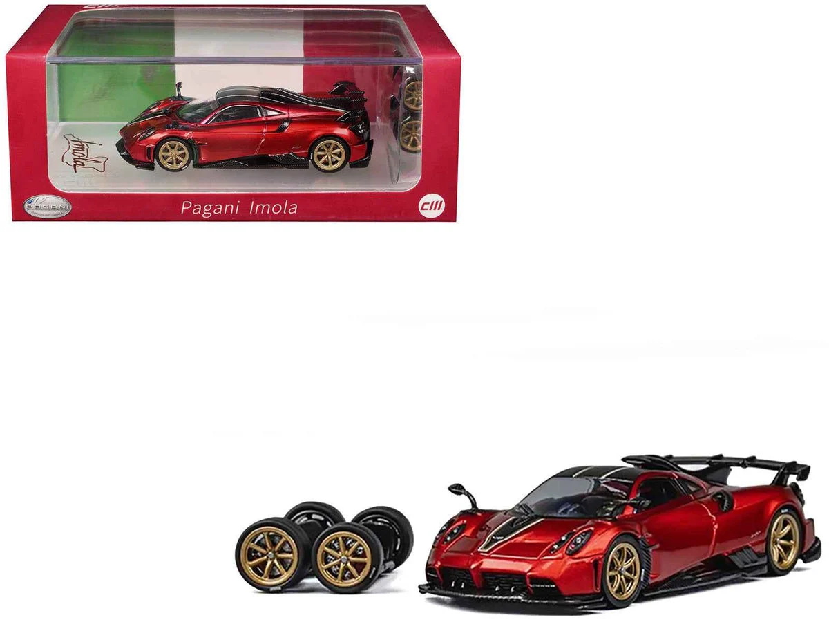 Pagani Imola Red Metallic with Carbon Top and Stripes with Extra Wheels 1/64 Diecast Model Car by CM Model - CM Models