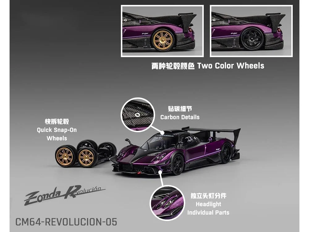 Pagani Zonda Revolucion Purple Metallic and Carbon with Extra Wheels 1/64 Diecast Model Car by CM Model - CM Models