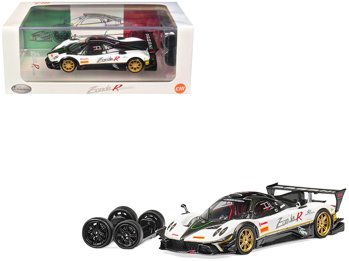 Pagani Zonda Revolucion White and Carbon with Extra Wheels 1/64 Diecast Model Car by CM Model - CM Models