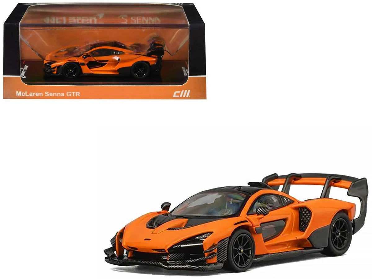 McLaren Senna GTR Orange Metallic with Carbon Hood and Black Top 1/64 Diecast Model Car by CM Model - CM Models