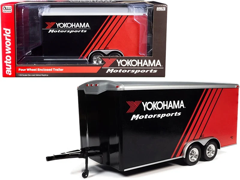Four Wheel Enclosed Car Trailer "Yokohama Motorsports" Black and Red for 1/18 Scale Model Cars by Auto World - Autoworld