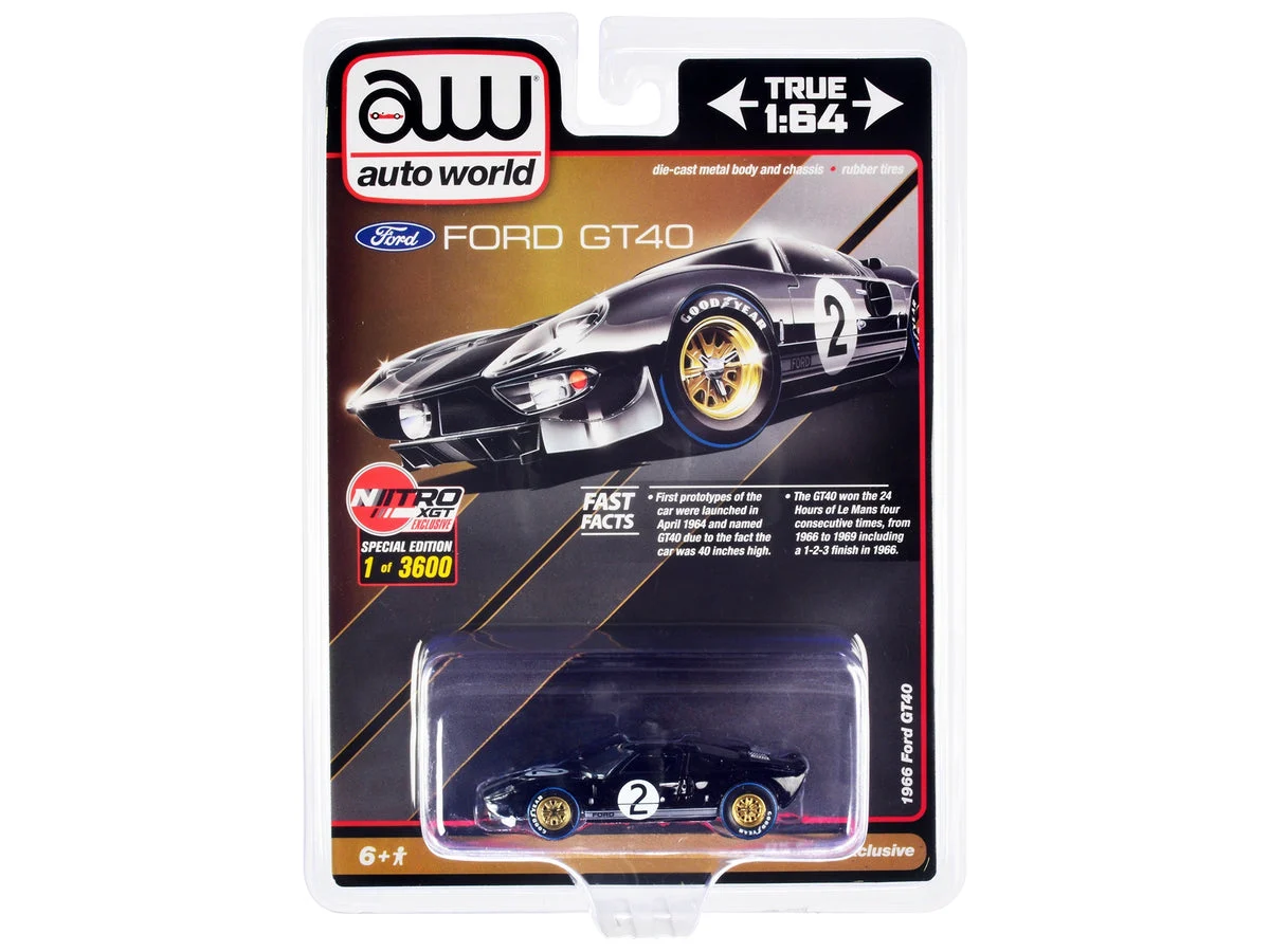 1966 Ford GT40 RHD (Right Hand Drive) #2 Black with Silver Stripes Limited Edition to 3600 pieces Worldwide 1/64 Diecast Model Car by Auto World - Autoworld