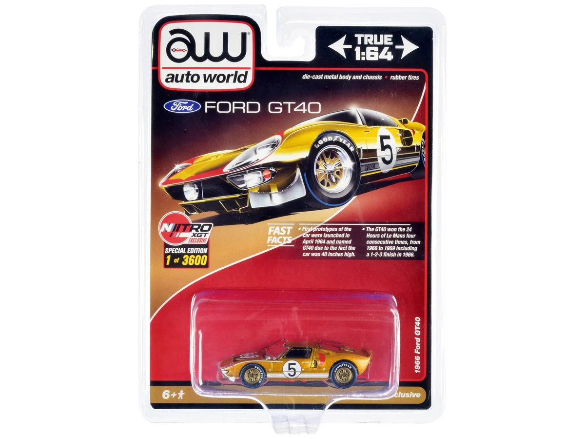 1966 Ford GT40 RHD (Right Hand Drive) #5 Gold with Graphics Limited Edition to 3600 pieces Worldwide 1/64 Diecast Model Car by Auto World - Autoworld
