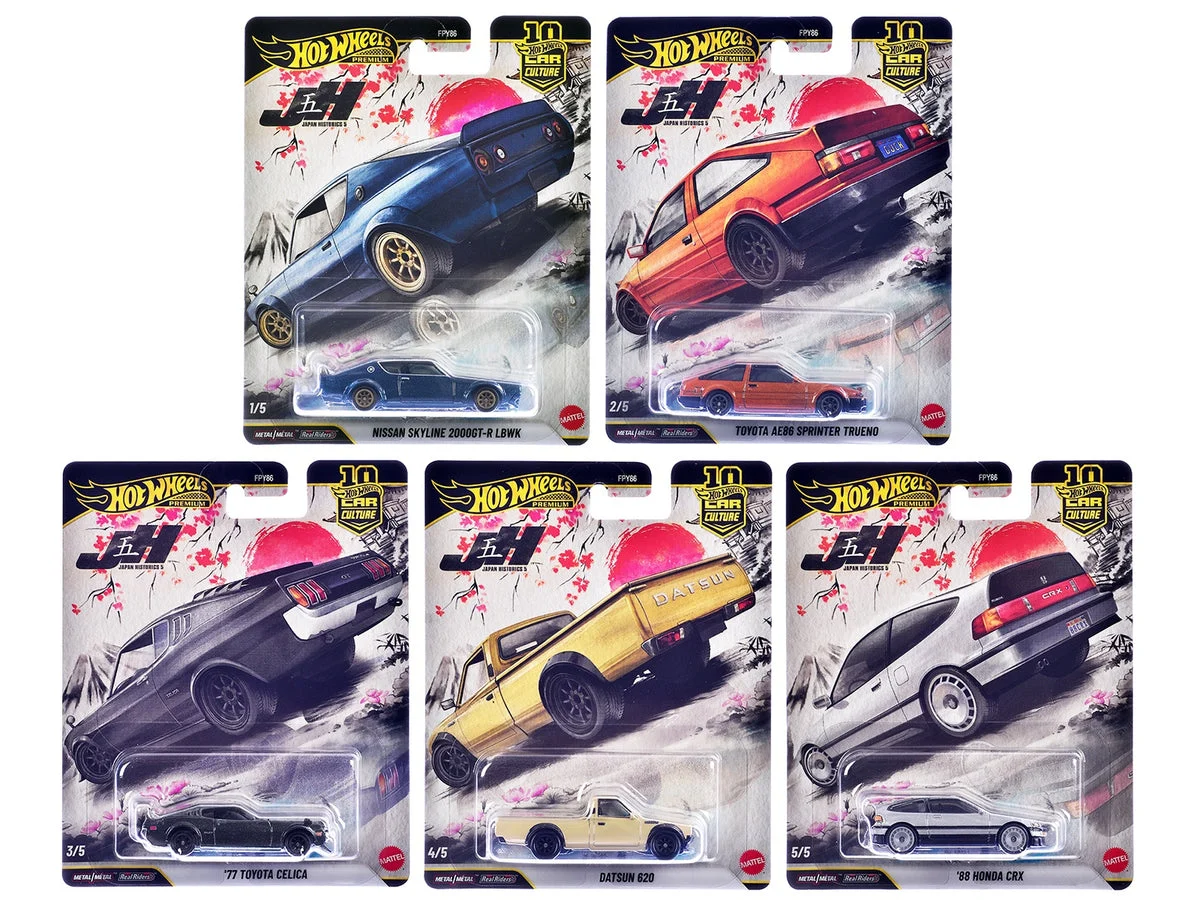 "Japan Historics 5" 5 piece Set "Car Culture 10th Anniversary" 2025 Series P Diecast Model Cars by Hot Wheels - Hotwheels