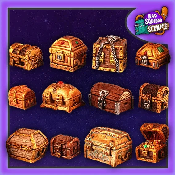 Fantasy Treasure Chests (12) 28 mm Scale Models - Bad Squiddo Games