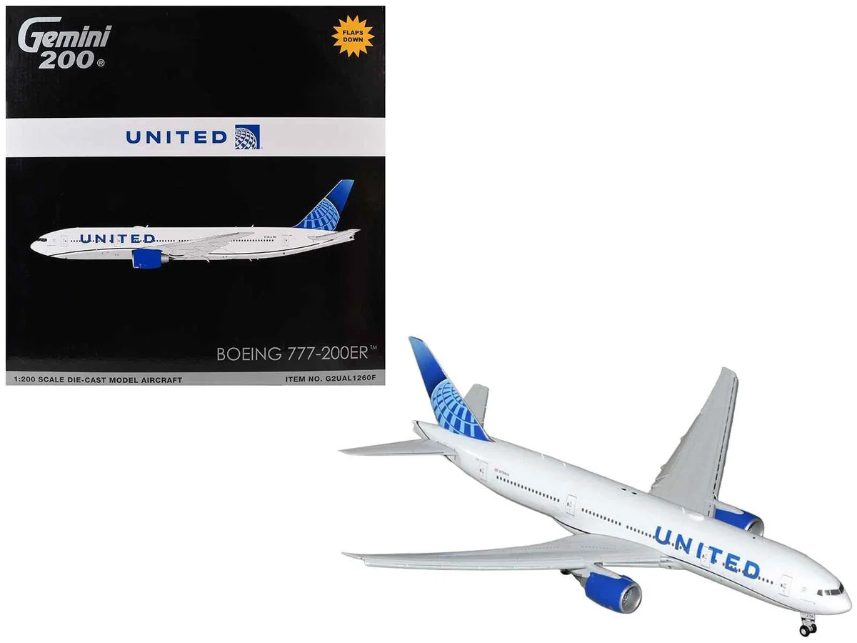 Boeing 777-200ER Commercial Aircraft with Flaps Down "United Airlines" (N798UA) White with Blue Tail "Gemini 200" Series 1/200 Diecast Model by GeminiJets