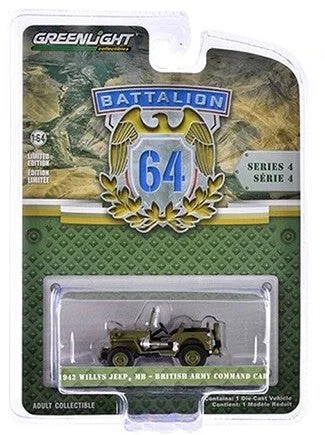 Greenlight Collectibles Battalion 64 Series 4 – 1942 Willys MB Jeep British Army Command Car 1/64 Scale Diecast Model