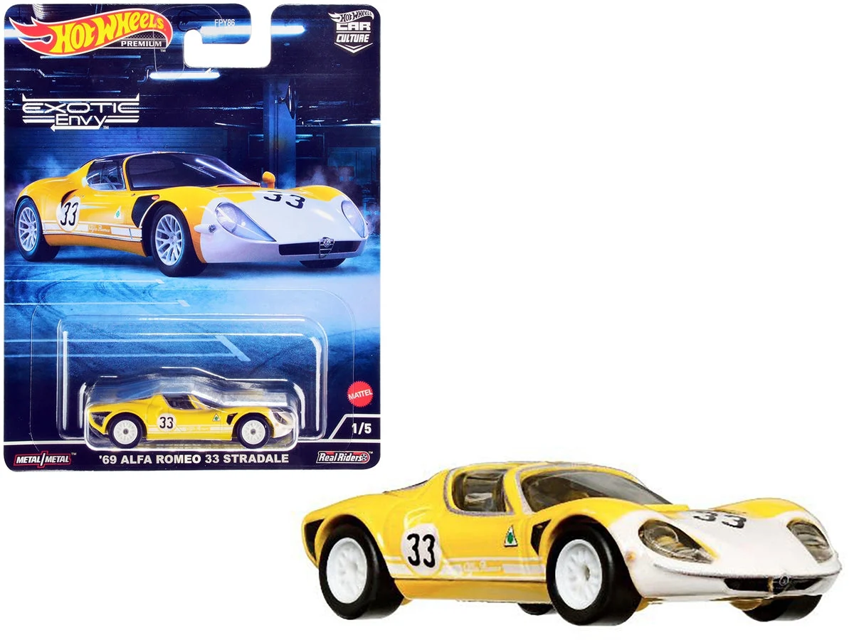 1969 Alfa Romeo 33 Stradale #33 Yellow and White "Exotic Envy" Series Diecast Model Car by Hot Wheels - Hotwheels