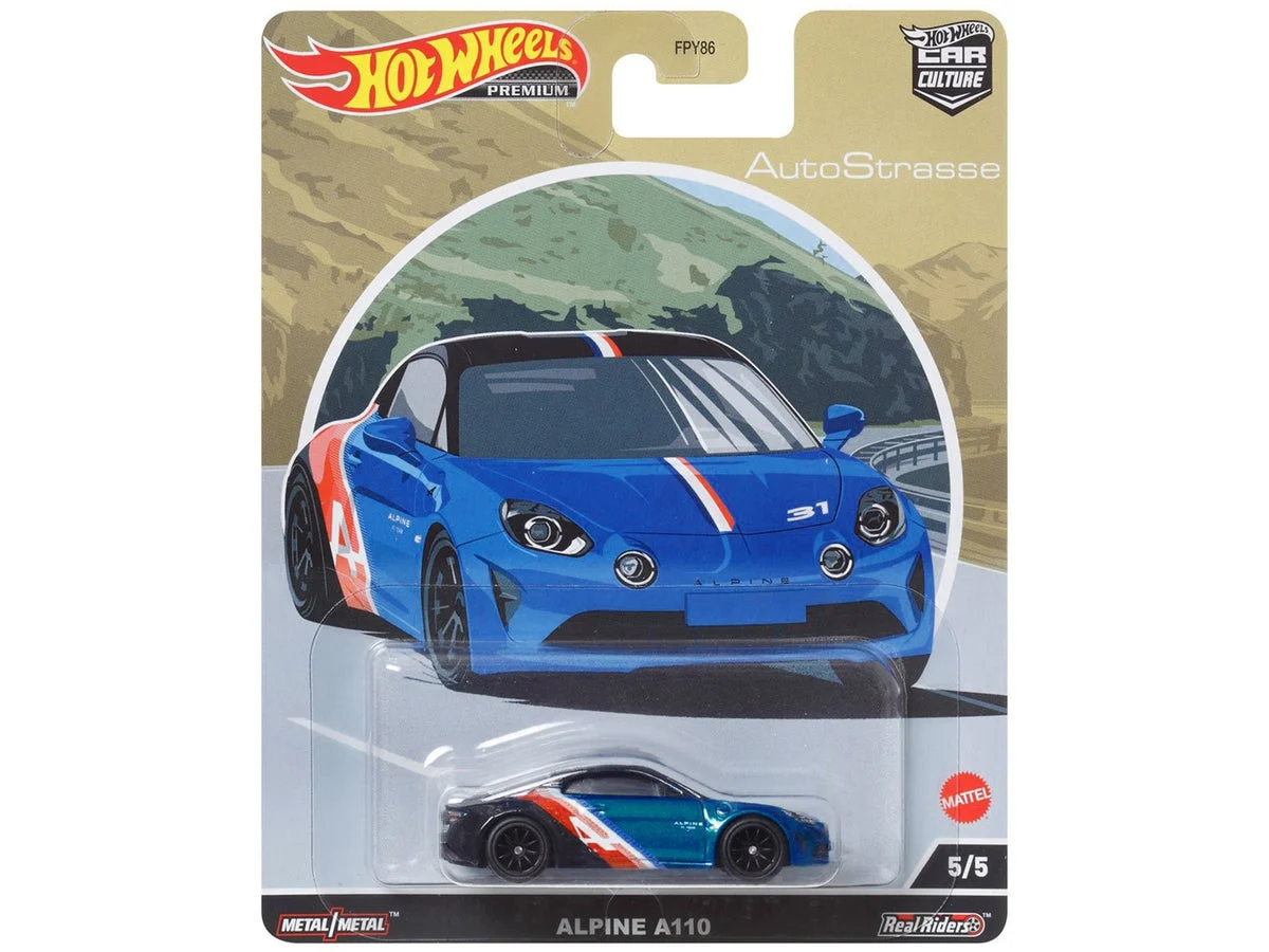 Alpine A110 Blue Metallic and Black with Graphics "Auto Strasse" Series Diecast Model Car by Hot Wheels - Hotwheels