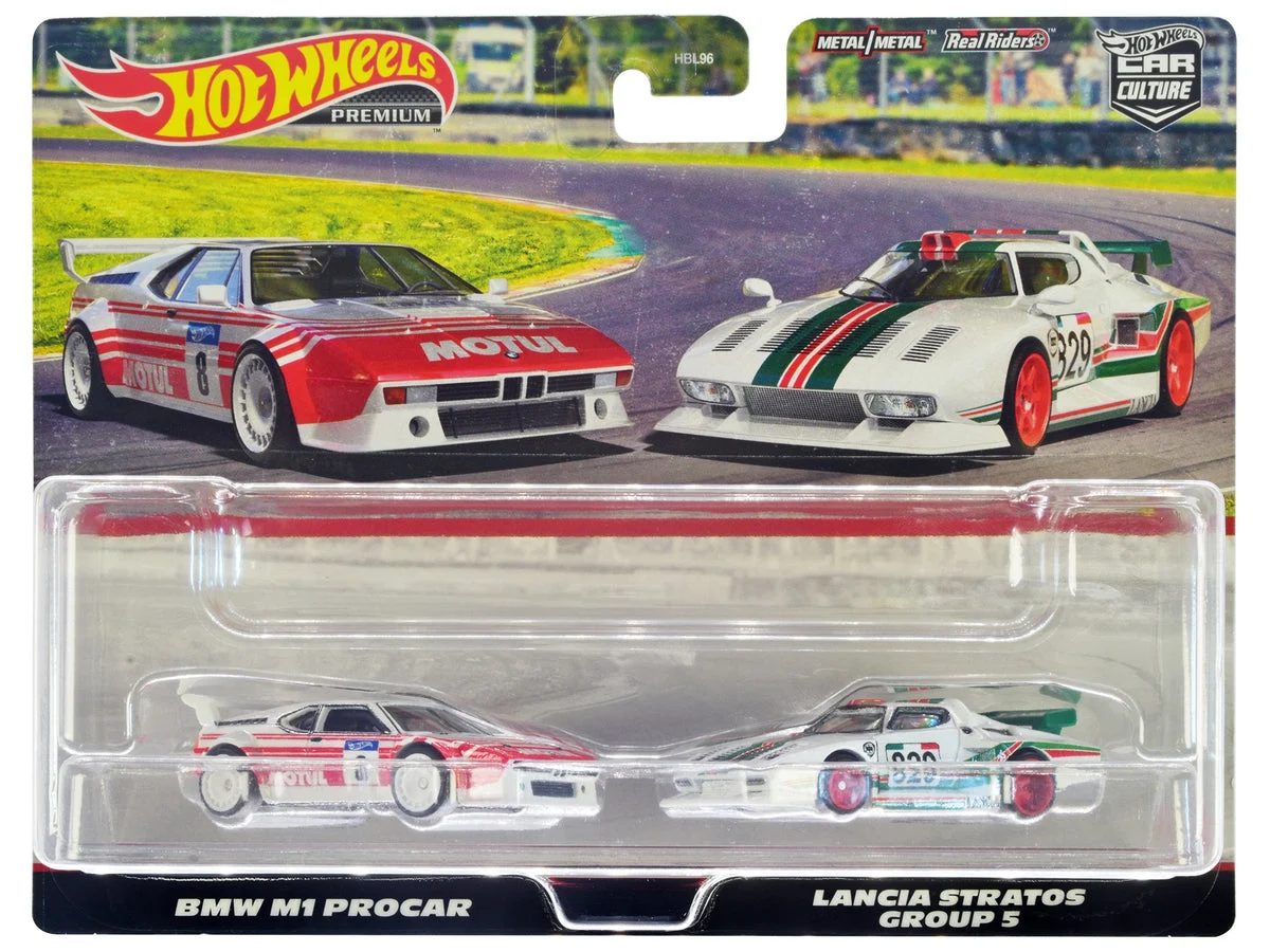 BMW M1 Procar #8 White with Red Stripes and Lancia Stratos Group 5 #829 White with Stripes "Car Culture" Set of 2 Cars Diecast Model Cars by Hot Wheels - Hotwheels