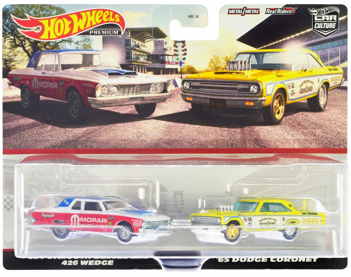 1963 Plymouth Belvedere 426 Wedge "MOPAR" White and Red with Blue Top and 1965 Dodge Coronet "Eastbound and Crowned" Yellow and White "Car Culture" Set of 2 Cars Diecast Model Cars by Hot Wheels - Hotwheels