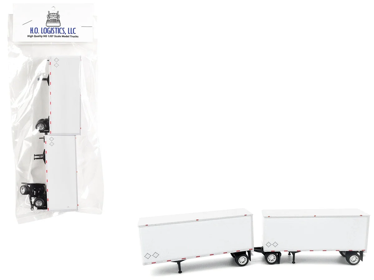 28' Dry Van Double Pup Trailers White Set of 2 pieces 1/87 (HO) Scale Plastic Model by HO Logistics - HO Logistics Replicas
