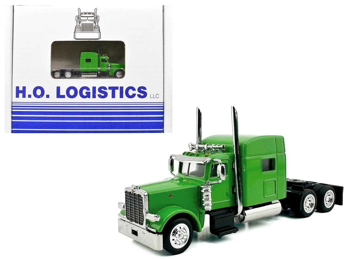Peterbilt 389 Truck Tractor with Sleeper Cab Lime Green and Low Boy Flatbed Trailer Black Combo Set 1/87 (HO) Plastic Model Car by HO Logistics - HO Logistics Replicas