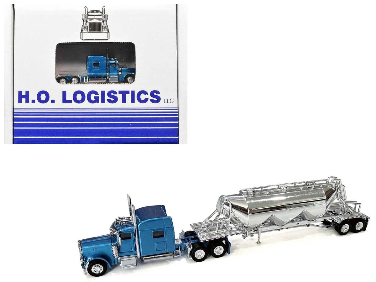 Peterbilt 389 Truck Tractor with Sleeper Cab Blue Metallic and Pneumatic Tank Trailer Chrome Combo Set 1/87 (HO) Plastic Model Car by HO Logistics - HO Logistics Replicas