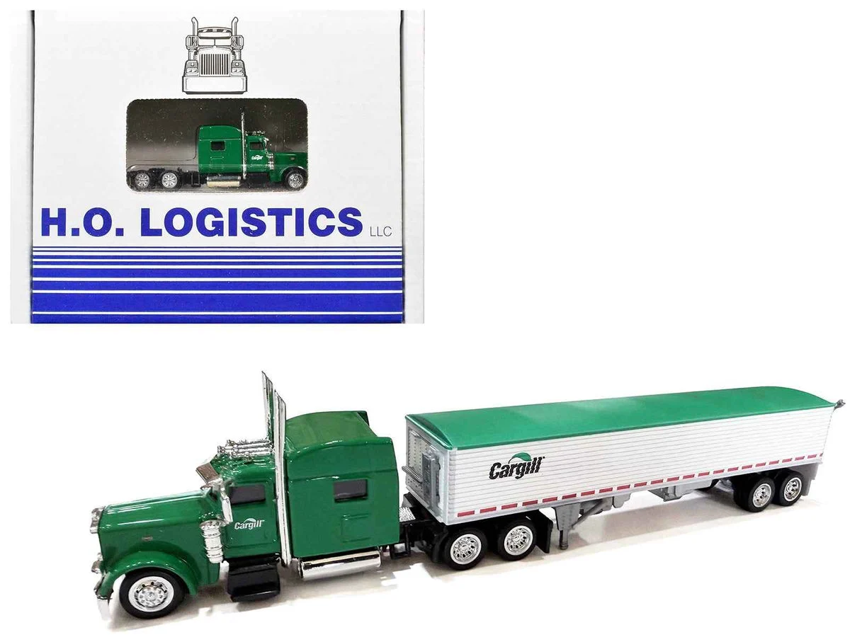 Peterbilt 389 Truck Tractor with Sleeper Cab "Cargill" Green and Covered Grain Trailer White with Green Tarp Combo Set 1/87 (HO) Plastic Model Car by HO Logistics - HO Logistics Replicas