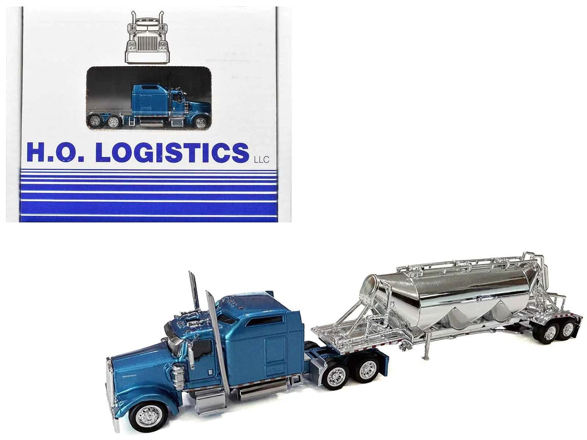 Kenworth W900L Truck Tractor with Sleeper Cab Blue Metallic and Pneumatic Tank Trailer Combo Set 1/87(HO) Plastic Model Car by HO Logistics - HO Logistics Replicas