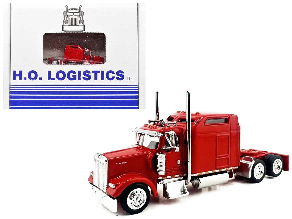 Kenworth W900L Truck Tractor with Sleeper Cab Red and Covered Grain Trailer White with Red Tarp Combo Set 1/87 (HO) Plastic Model Car by HO Logistics - HO Logistics Replicas