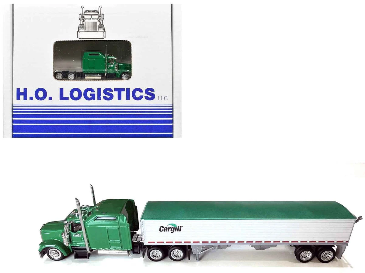 Kenworth W900L Truck Tractor with Sleeper Cab "Cargill" Green and Covered Grain Trailer White with Green Tarp Combo Set 1/87 (HO) Plastic Model Car by HO Logistics - HO Logistics Replicas