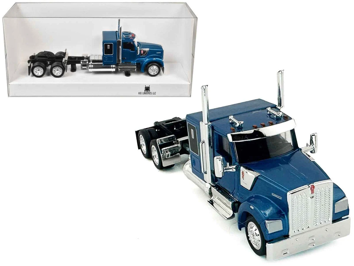 Kenworth W990 with Flat Top Sleeper Cab Blue Metallic 1/87 (HO) Plastic Model Car by HO Logistics - HO Logistics Replicas