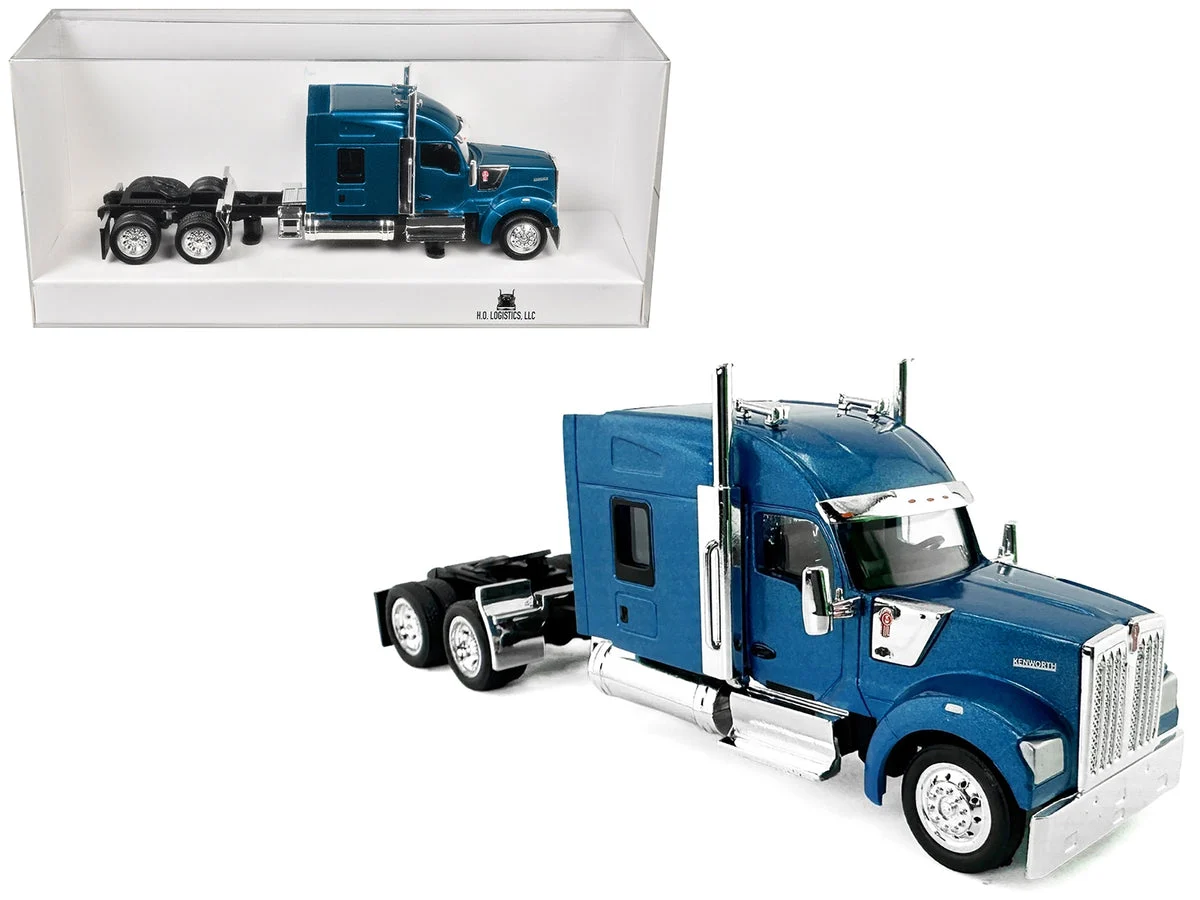 Kenworth W990 with Stand Up Sleeper Cab Blue Metallic 1/87 (HO) Plastic Model Car by HO Logistics - HO Logistics Replicas