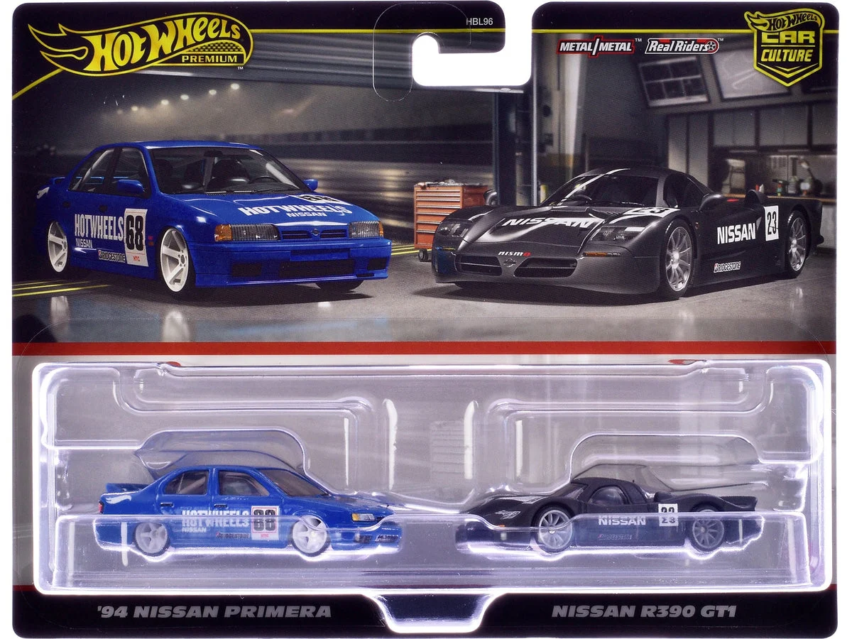 1994 Nissan Primera RHD (Right Hand Drive) #68 Blue and Nissan R390 GT1 #23 Matt Black "Car Culture" Set of 2 Cars Diecast Model Cars by Hot Wheels - Hotwheels