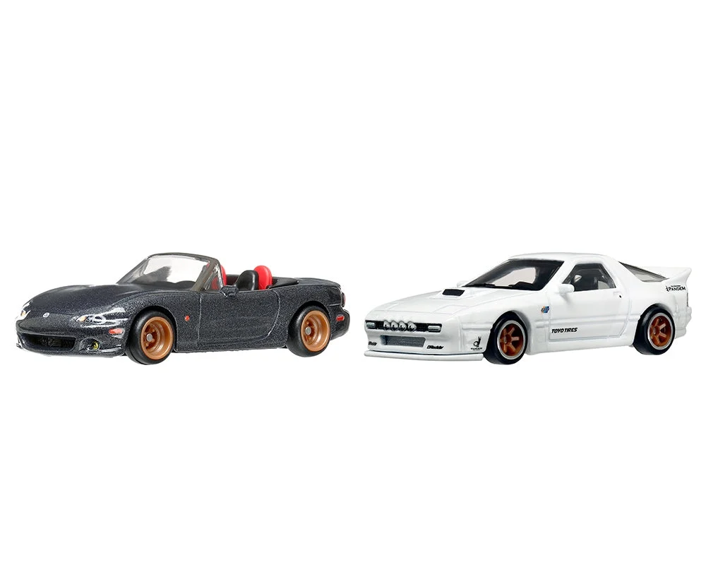 Mazda Mazdaspeed Miata Gray Metallic and Mazda RX7 FC Pandem White "Car Culture" Set of 2 Cars Diecast Model Cars by Hot Wheels - Hotwheels