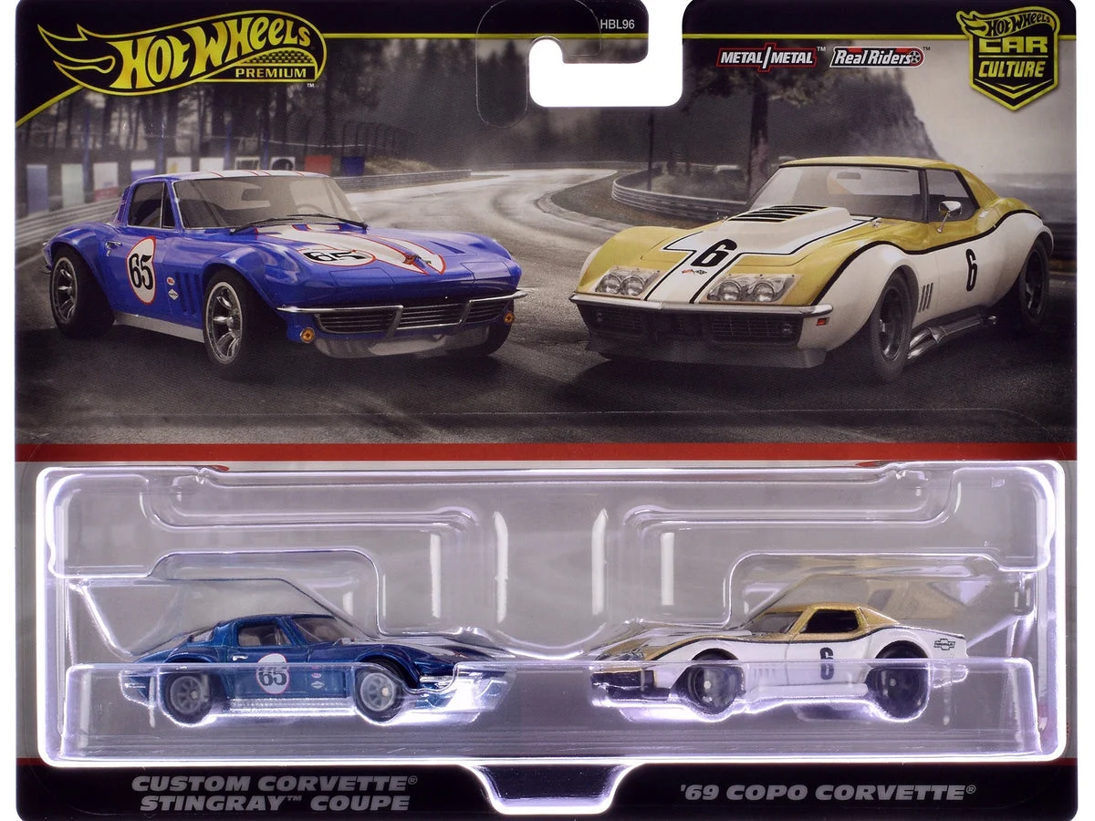 Chevrolet Custom Corvette Stingray Coupe #65 Blue Metallic with White Stripes and 1969 Chevrolet COPO Corvette #6 Gold Metallic and White "Car Culture" Set of 2 Cars Diecast Model Cars by Hot Wheels - Hotwheels