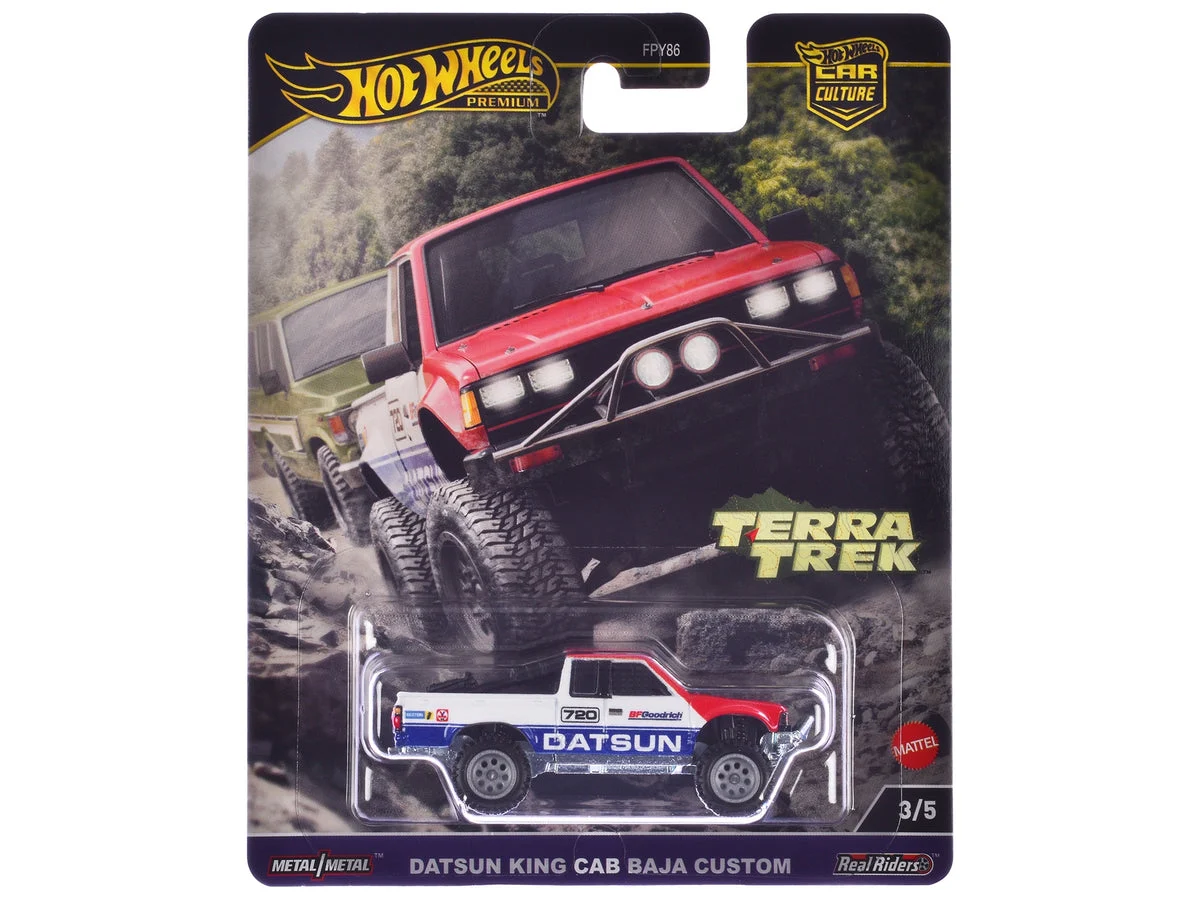 Datsun King Cab Baja Custom Pickup Truck #720 White and Blue with Red Hood "Terra Trek" Series Diecast Model Car by Hot Wheels - Hotwheels