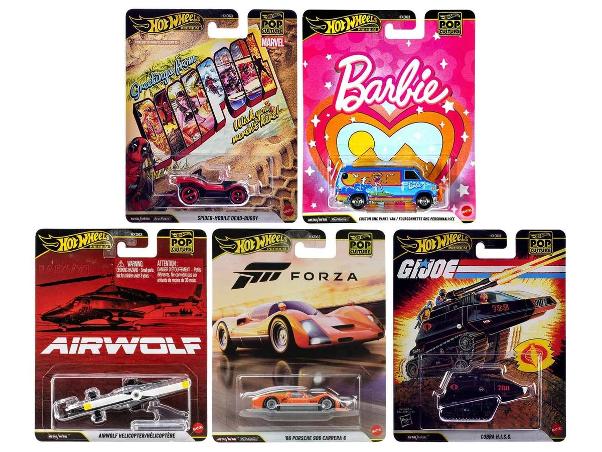 "Pop Culture 2025" 5 piece Set Q "Premium Series" Diecast Model Cars by Hot Wheels - Hotwheels