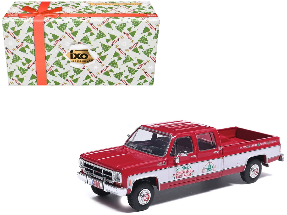1976 GMC Sierra Grande K2500 Wideside Pickup Truck "St. Nick's Christmas Tree Farm" Red with White Sides "Christmas Limited Edition" 1/64 Diecast Model Car by IXO Models