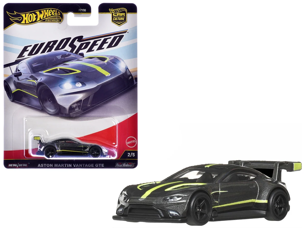 Aston Martin Vantage GTE Dark Gray Metallic with Lime Green Stripes "Euro Speed" Series Diecast Model Car by Hot Wheels - Hotwheels