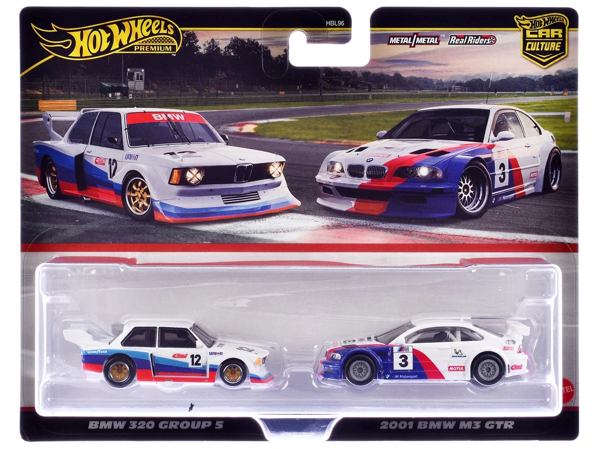 BMW 320 Group 5 #12 White with Stripes and 2001 BMW M3 GTR #3 White with Stripes "Car Culture" Set of 2 Cars Diecast Model Cars by Hot Wheels - Hotwheels