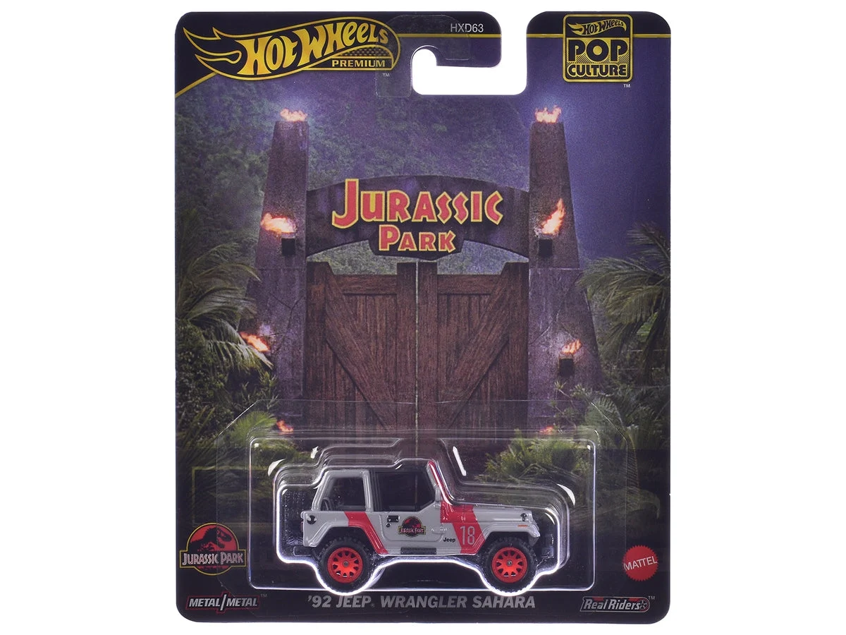 1992 Jeep Wrangler Sahara Gray with Red Stripes "Jurassic Park" (1993) Movie "Pop Culture" Series Diecast Model Car by Hot Wheels - Hotwheels
