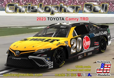 Salvinos JR Models JGT2023CBP Joe Gibbs Racing 2023 Toyota Camry 'DeWalt' Driven by Christopher Bell 1/24 Scale Model Kit